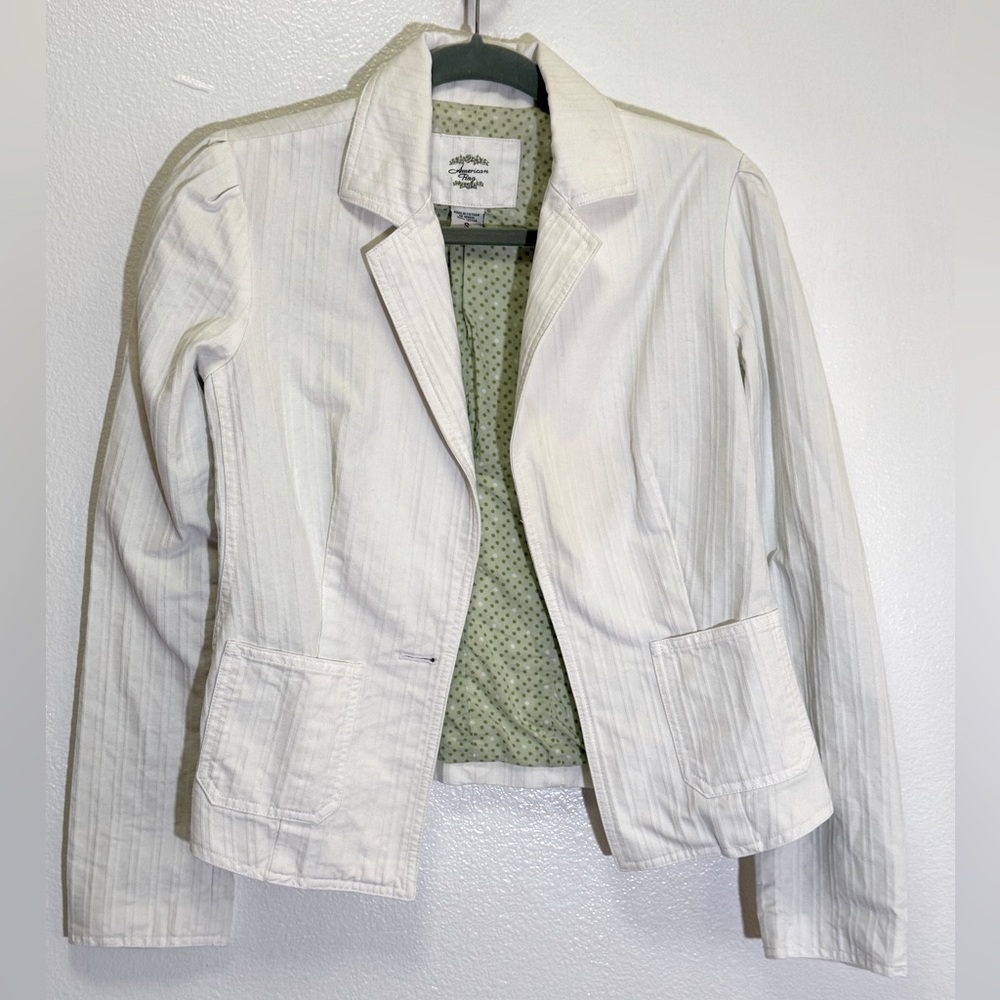 American Rag Off-White Striped Blazer with Olive Polka Dot Lining